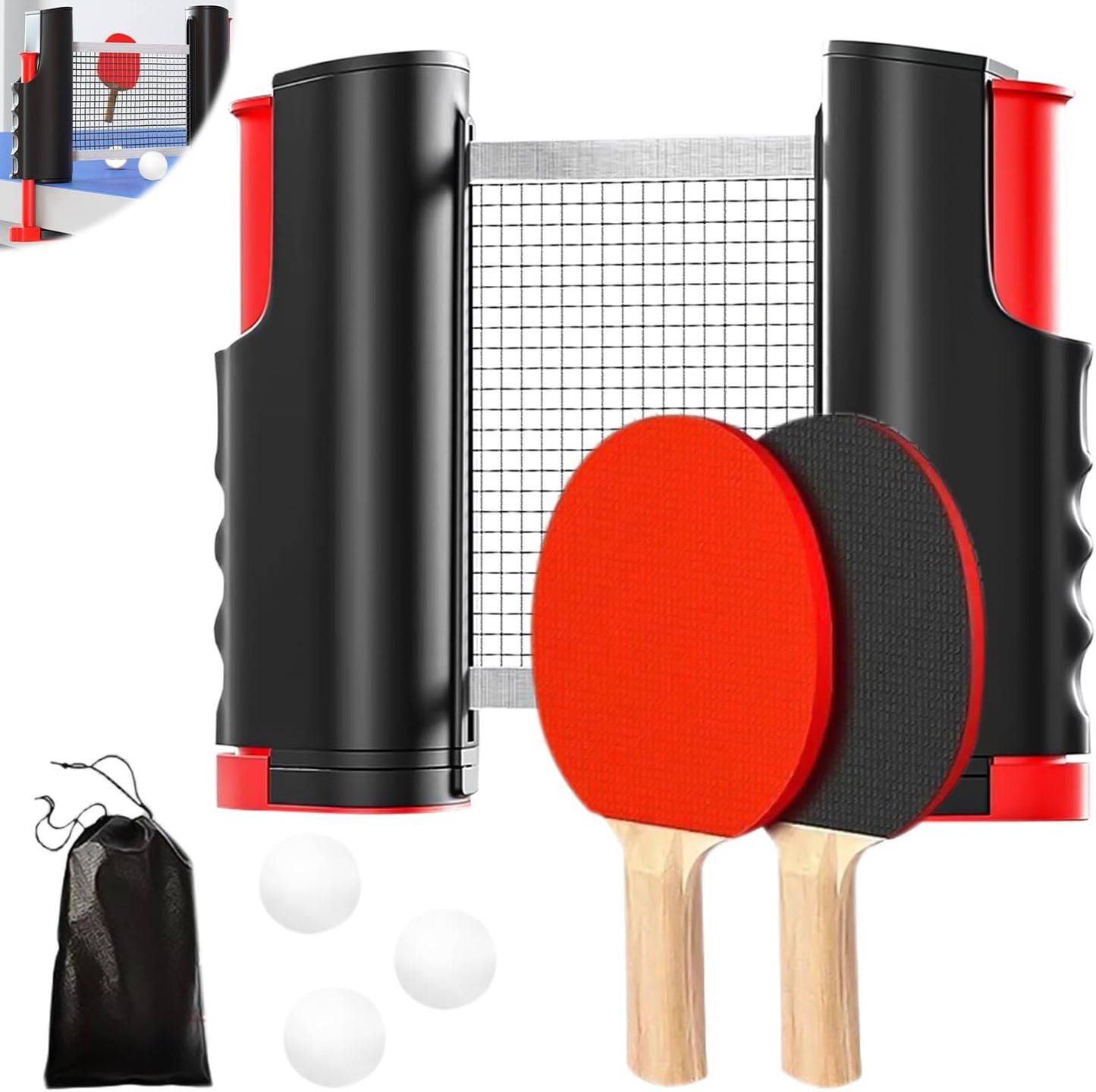 7-teiliges Tischtennisschläger Set mit einziehbarem Netz