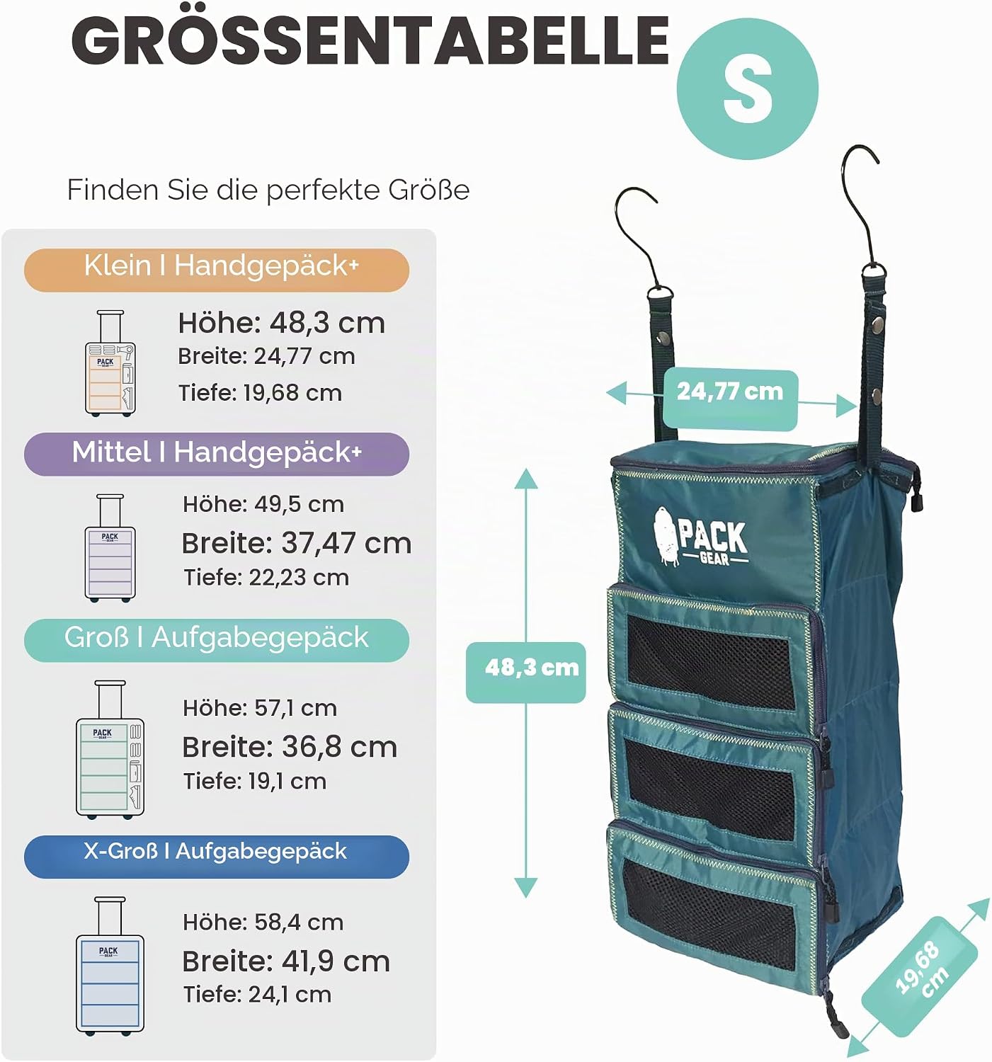 Hängekoffer-Organizer für Handgepäck Koffer, Small (Carry-On) Grün