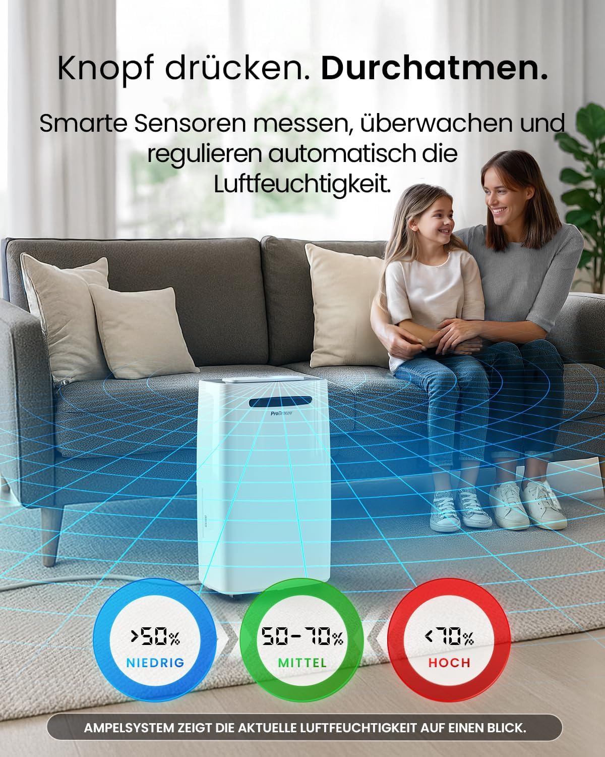 Smarter Luftentfeuchter mit Feuchtigkeitsanzeiger, 20L - 30 m² - Smart App
