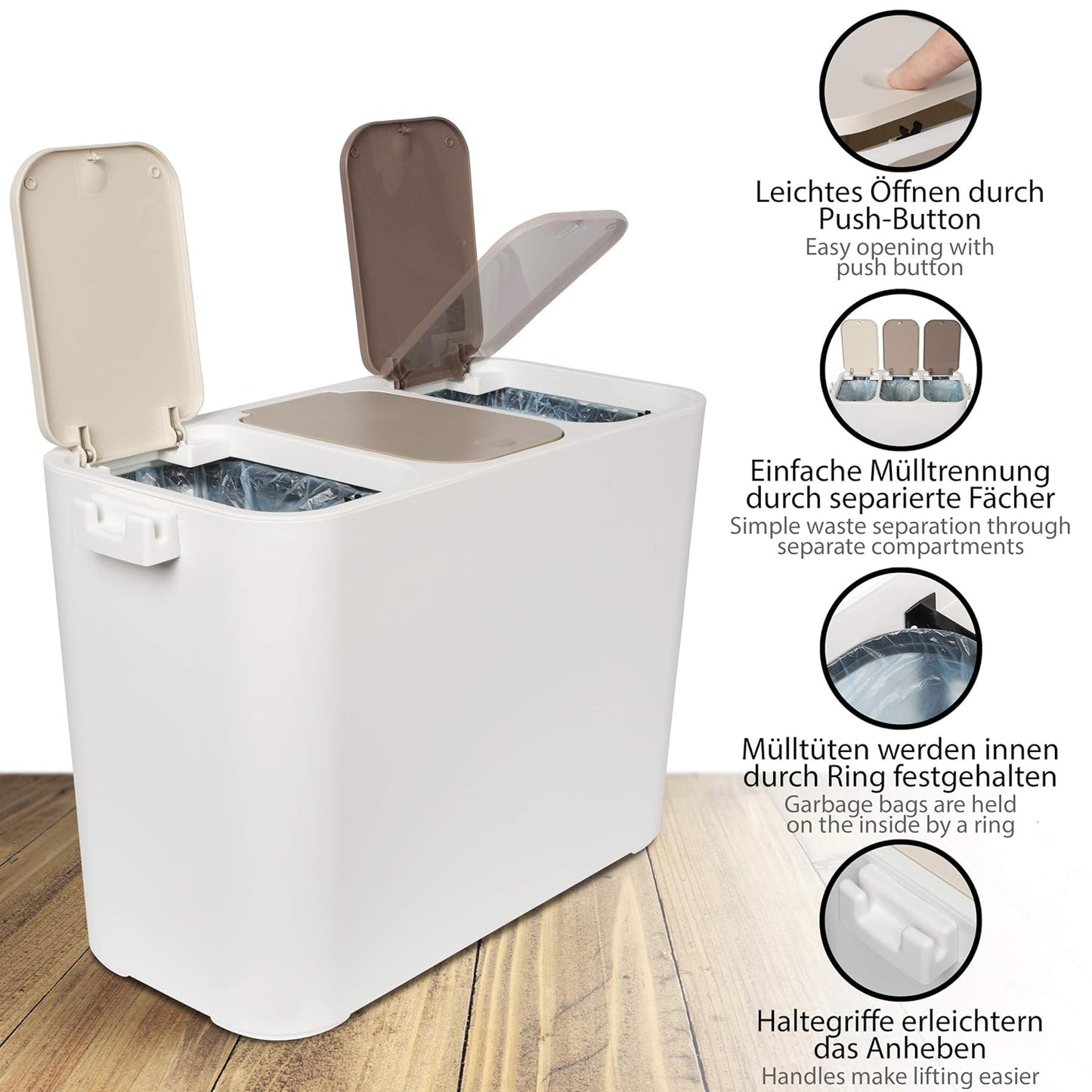 Mülltrennsystem Ben, Creme-Beige-Braun 27 Liter
