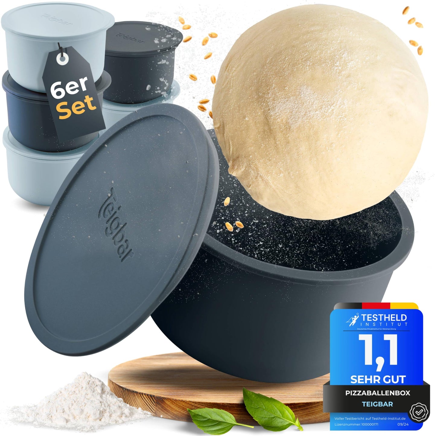 6er-Set Pizzaballenbox mit Deckel, Schwarz-grau 6er Set