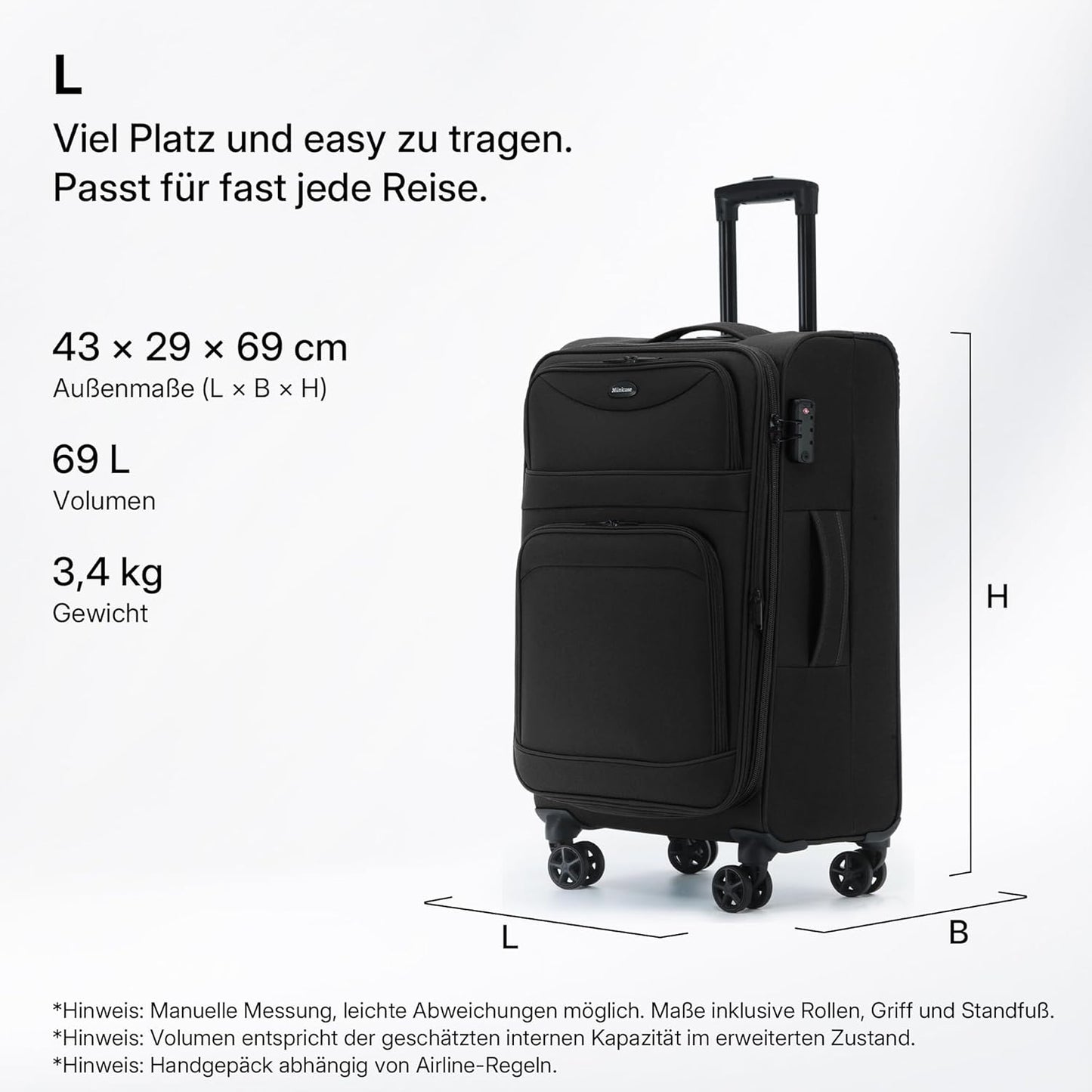 Erweiterbarer Stoffkoffer mit TSA-Schloss & Rollen, Schwarz Koffer L (69 cm) erweiterbar