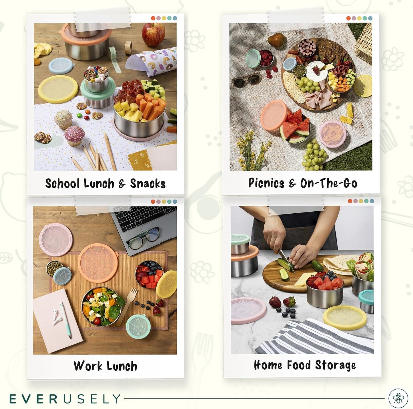 5er-Set Snackboxen mit Deckel, Blaubeere, Grüner Apfel, Zitrone, Pfirsich, Erdbeere