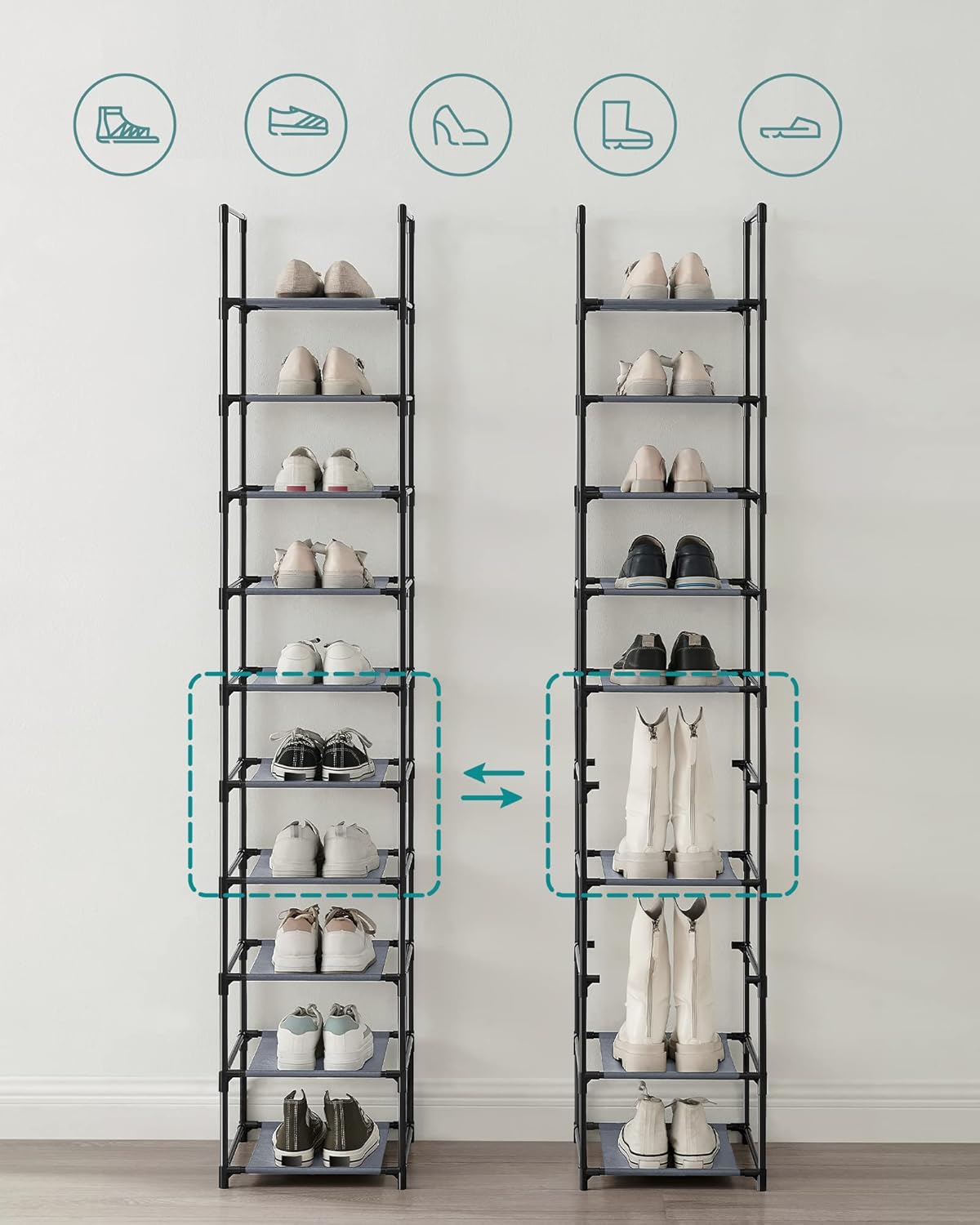Schuhregal mit 10 Ebenen, Grau 10 Ebenen (33B cm)