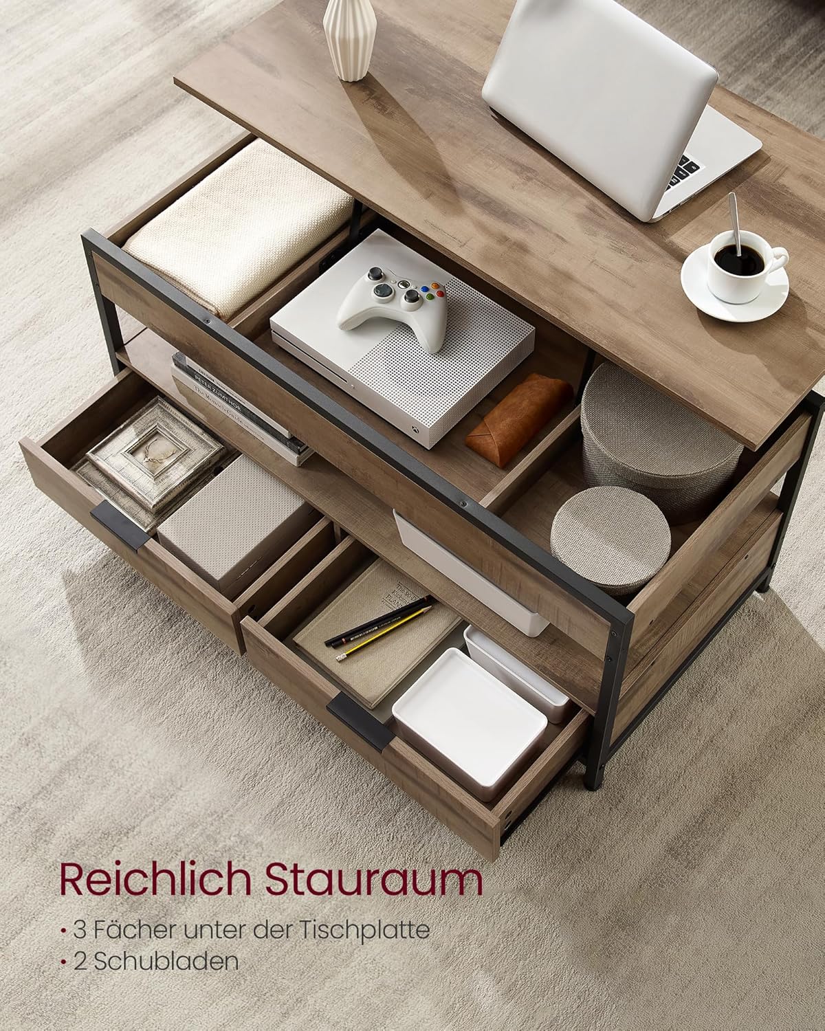Höhenverstellbarer Couchtisch mit Schubladen, 100B cm| Kamelbraun + Tintenschwarz