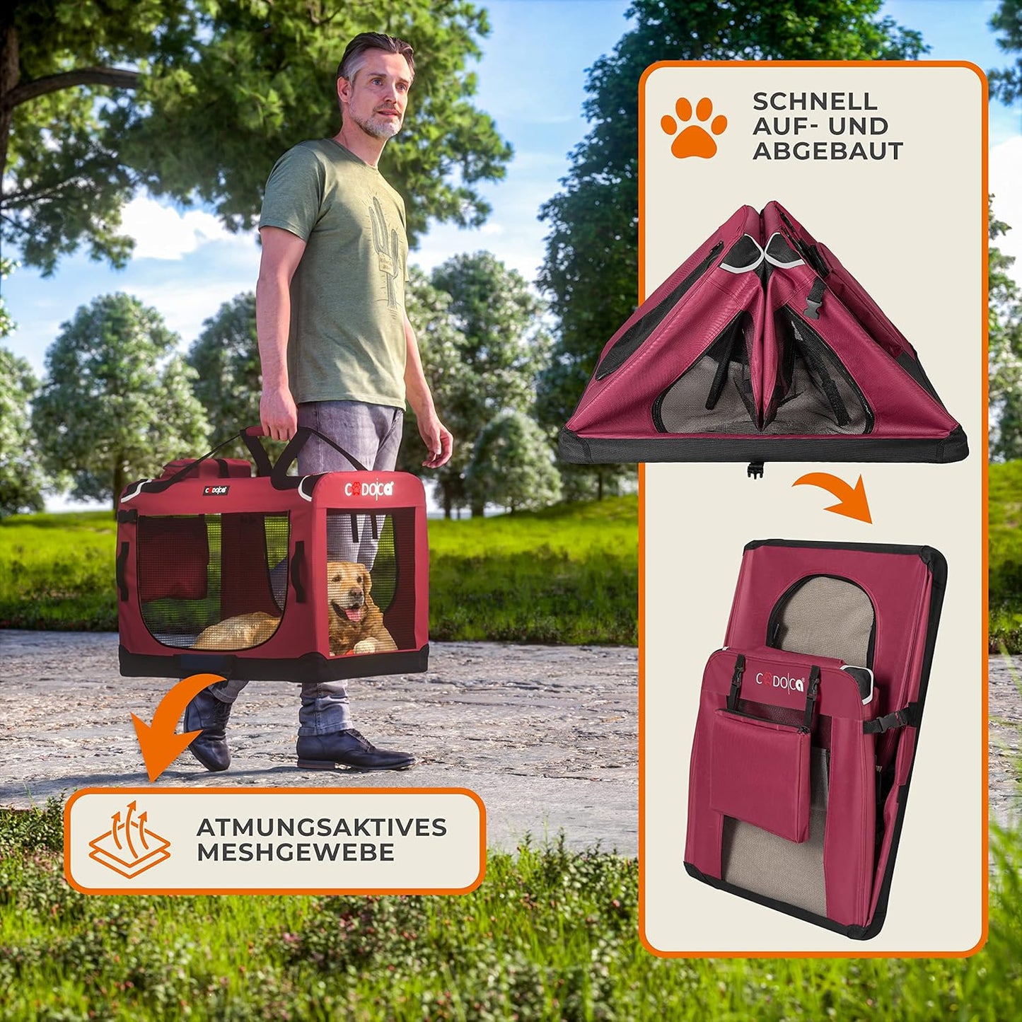 Faltbare Hundetransportbox, L 90 x B 60 x H 66 cm Dunkelrot
