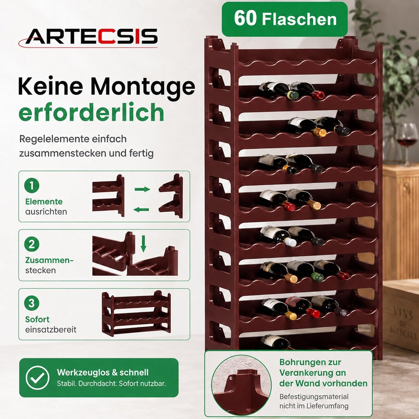 Modulares Weinregal für 60 Flaschen, Braun 60 Flaschen