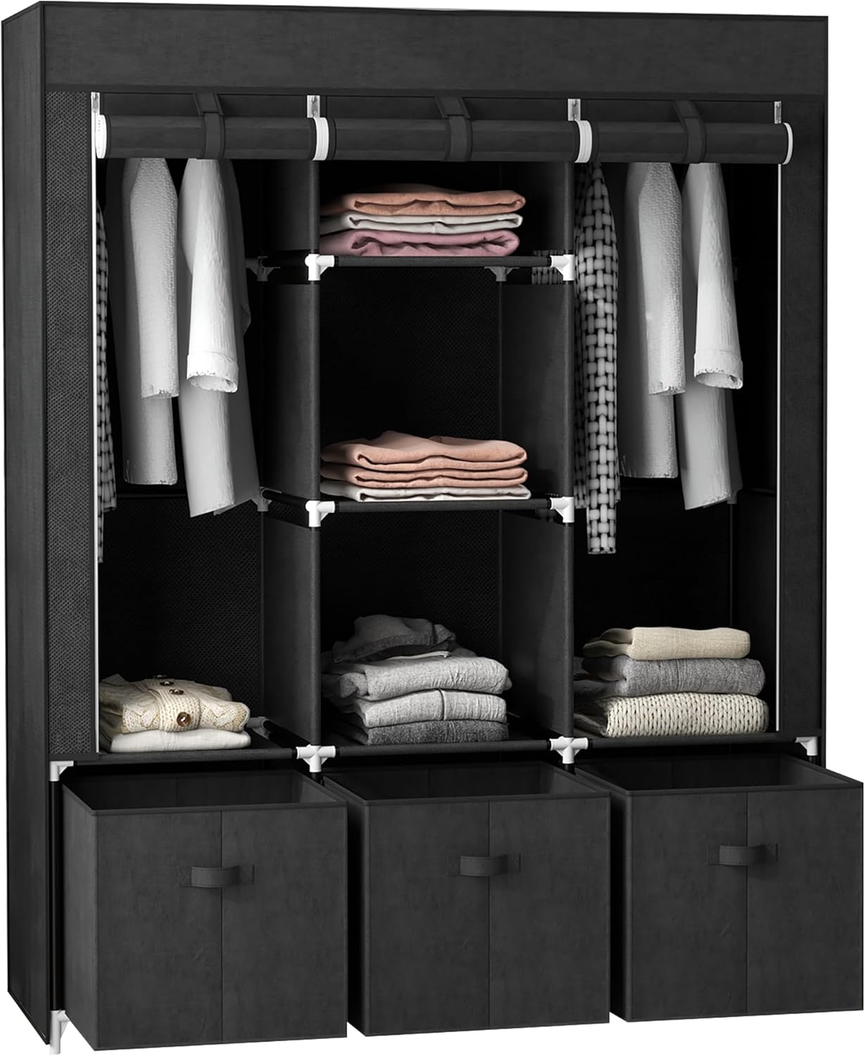 Faltschrank mit Kleiderstange und Schubladen, Schwarz