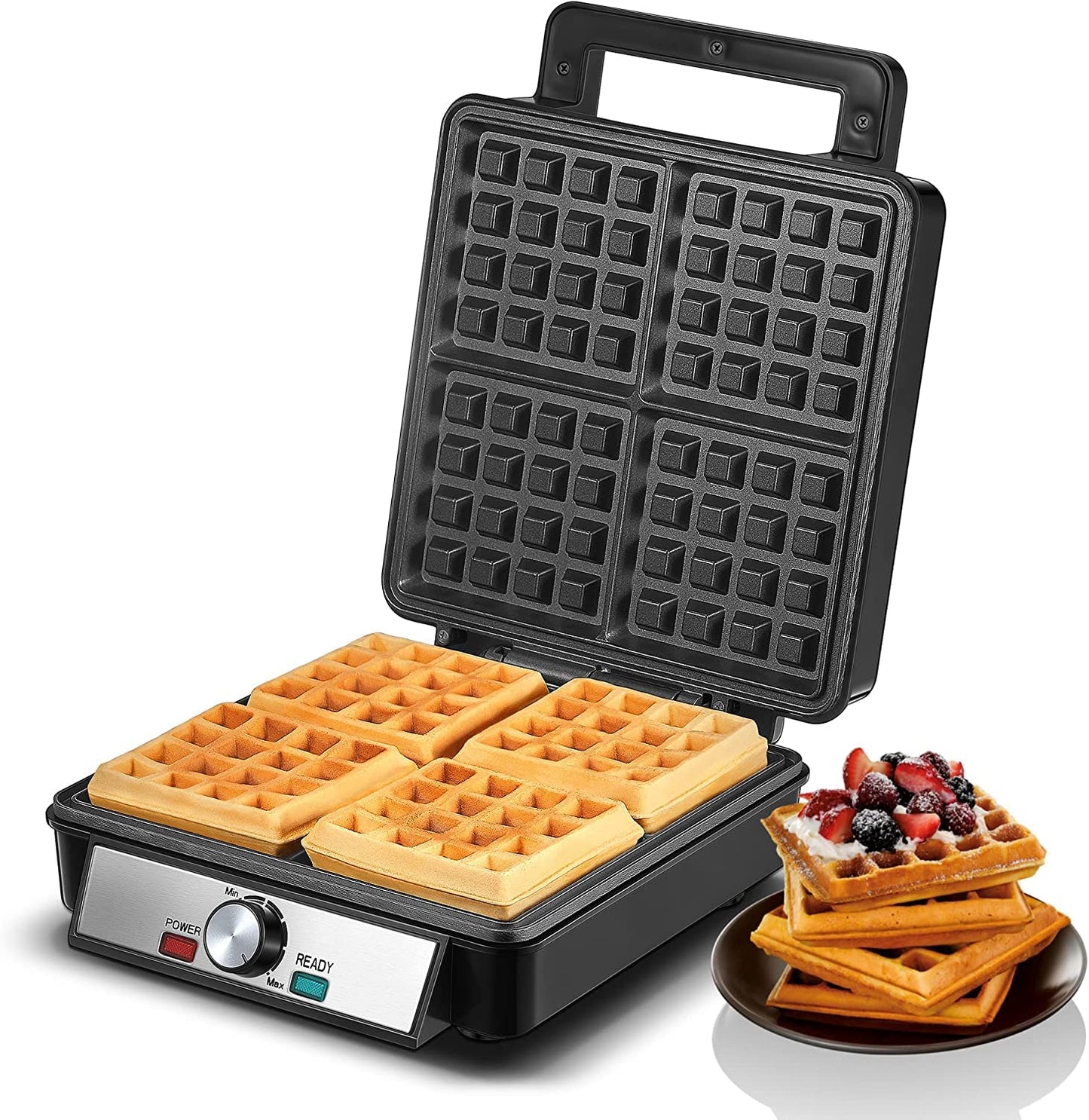 4-Scheiben Belgisches Waffeleisen mit Bräunungsregler, Schwarz