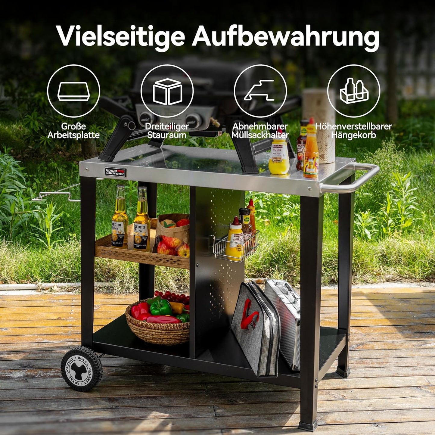 3-Etagen Grilltisch mit Griffen, Müllbeutelhalter & Aufbewahrungsregalen