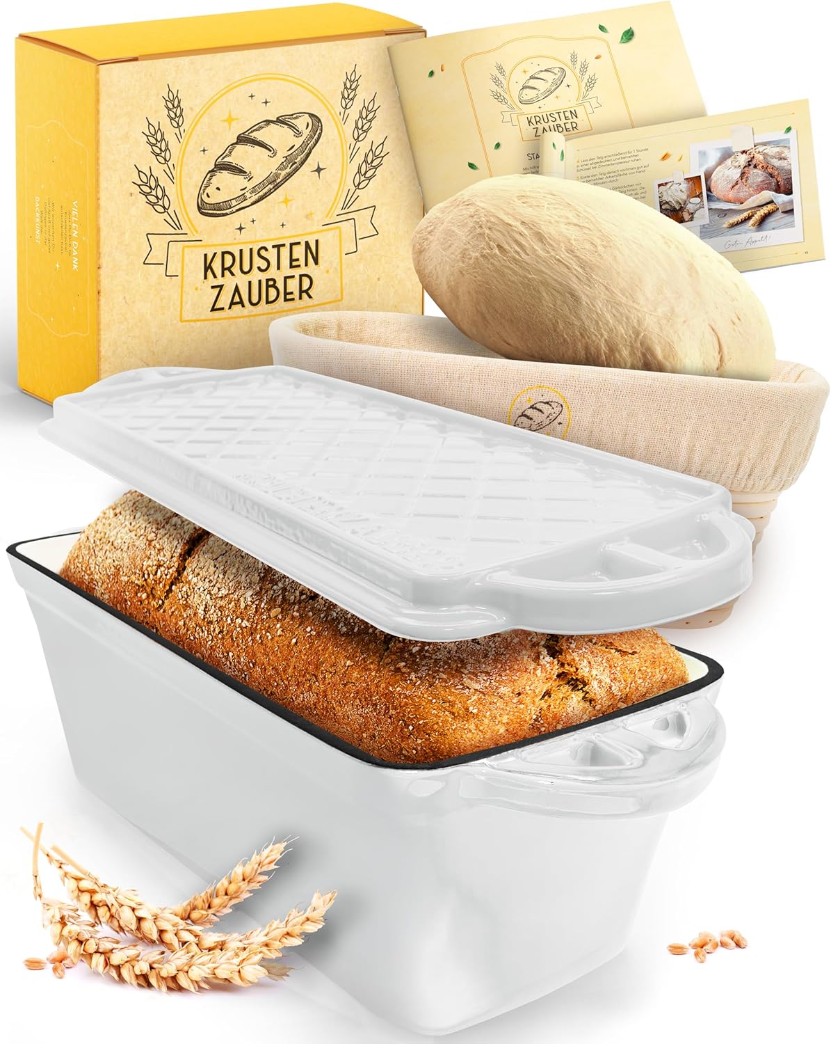 Brotbackfrom mit Deckel inkl. Gärkorb, Weiß Kastenform