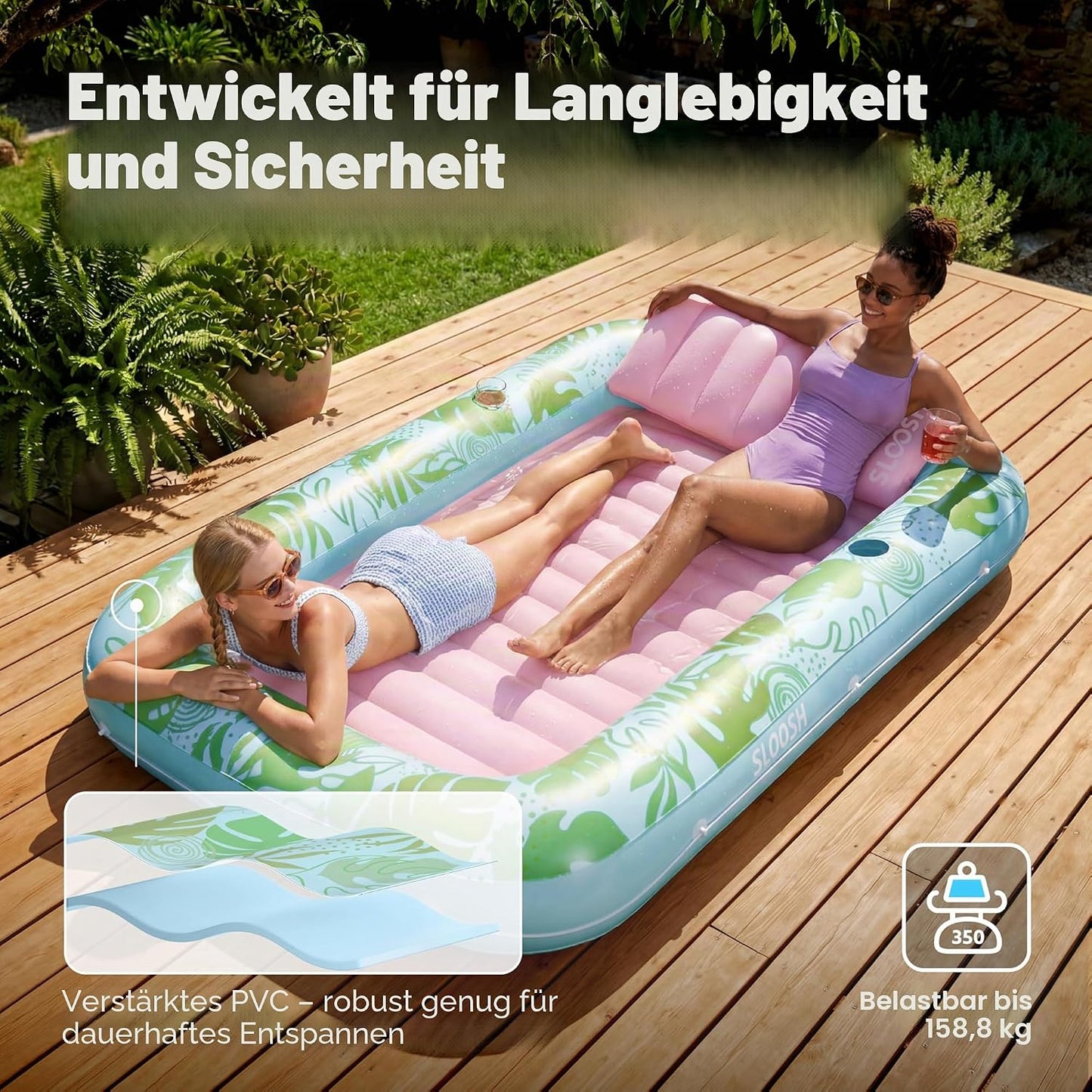 Aufblasbarer 4-in-1 Sonnenliegepool mit Kissen und Getränkehalter, Cyan Rosa XL