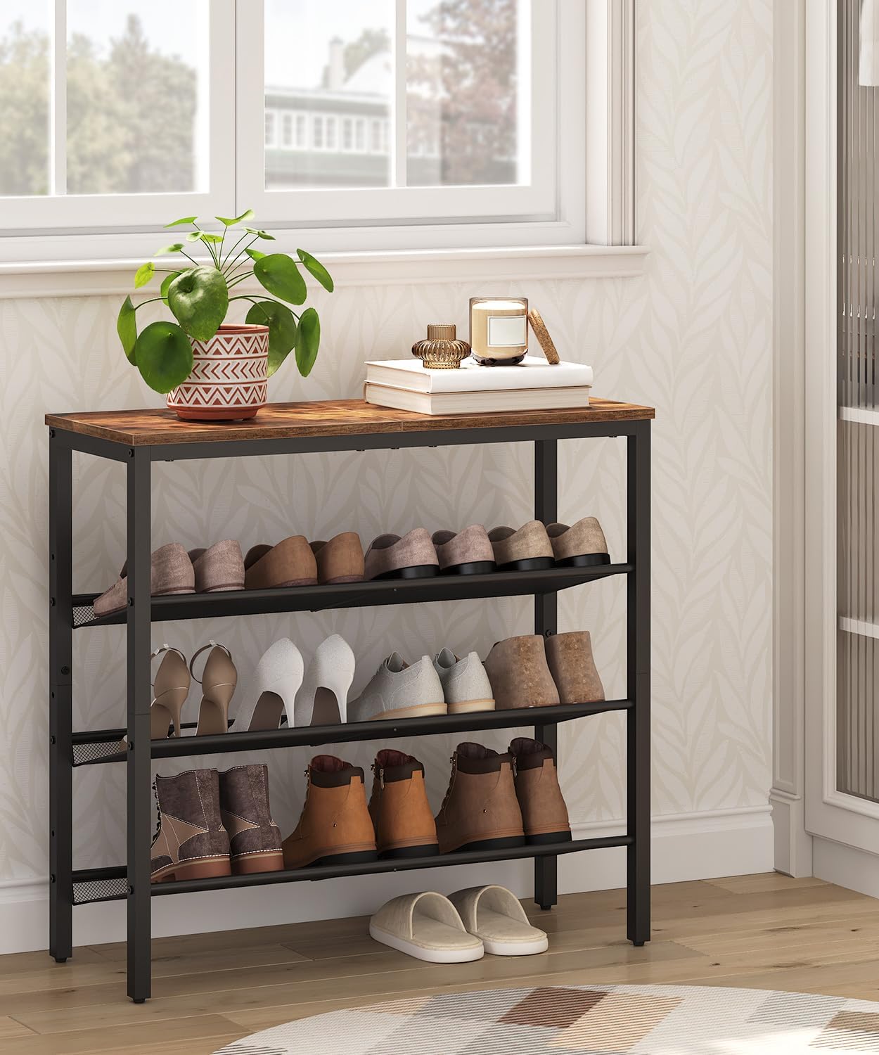 Schuhregal mit verstellbaren Metallgitterregalen (4 Ebenen), Dunkelbraun + Schwarz 75 x 30 x 69 cm