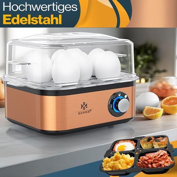 Elektrischer Eierkocher für 1-8 Eier mit Warmhaltefunktion, Schwarz / Kupfer