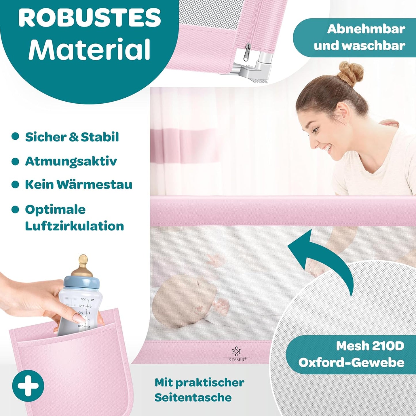 Höhenverstellbares Bettschutzgitter, Rosa 150cm