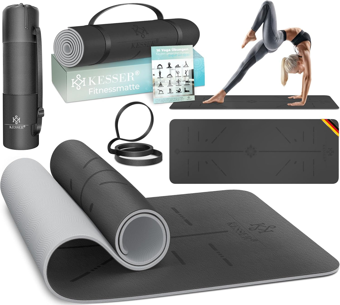 Gymnastik- und Yogamatte mit Tragegurt, Grau