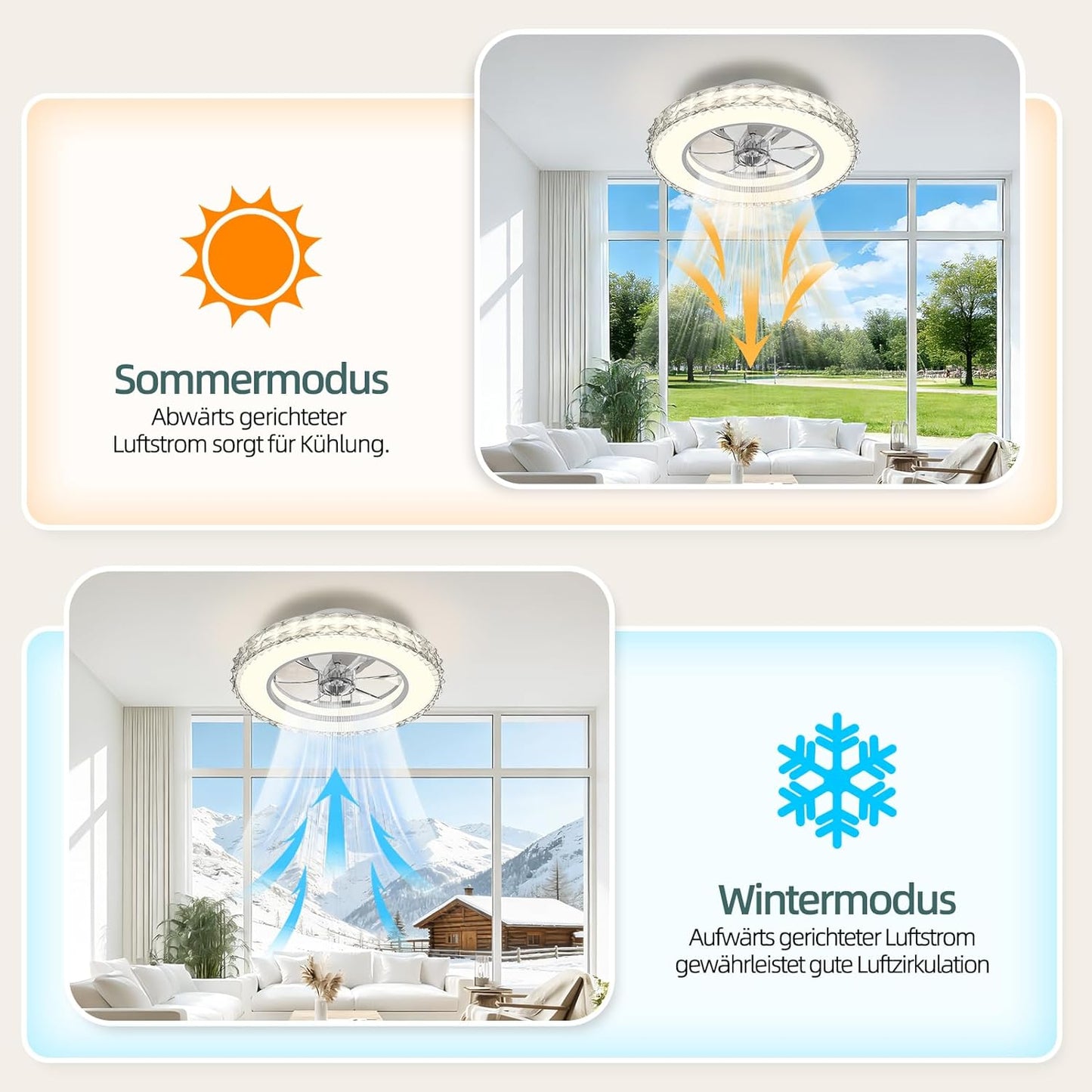 Dimmbarer Kristall-Deckenventilator mit Beleuchtung, Weiss 1 (3cct+rgb) 43.5 cm