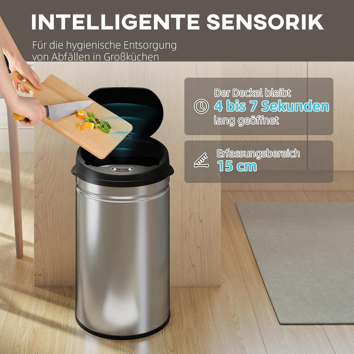 Automatischer Mülleimer mit Sensor, 30L Edelstahl, 30 L Silber