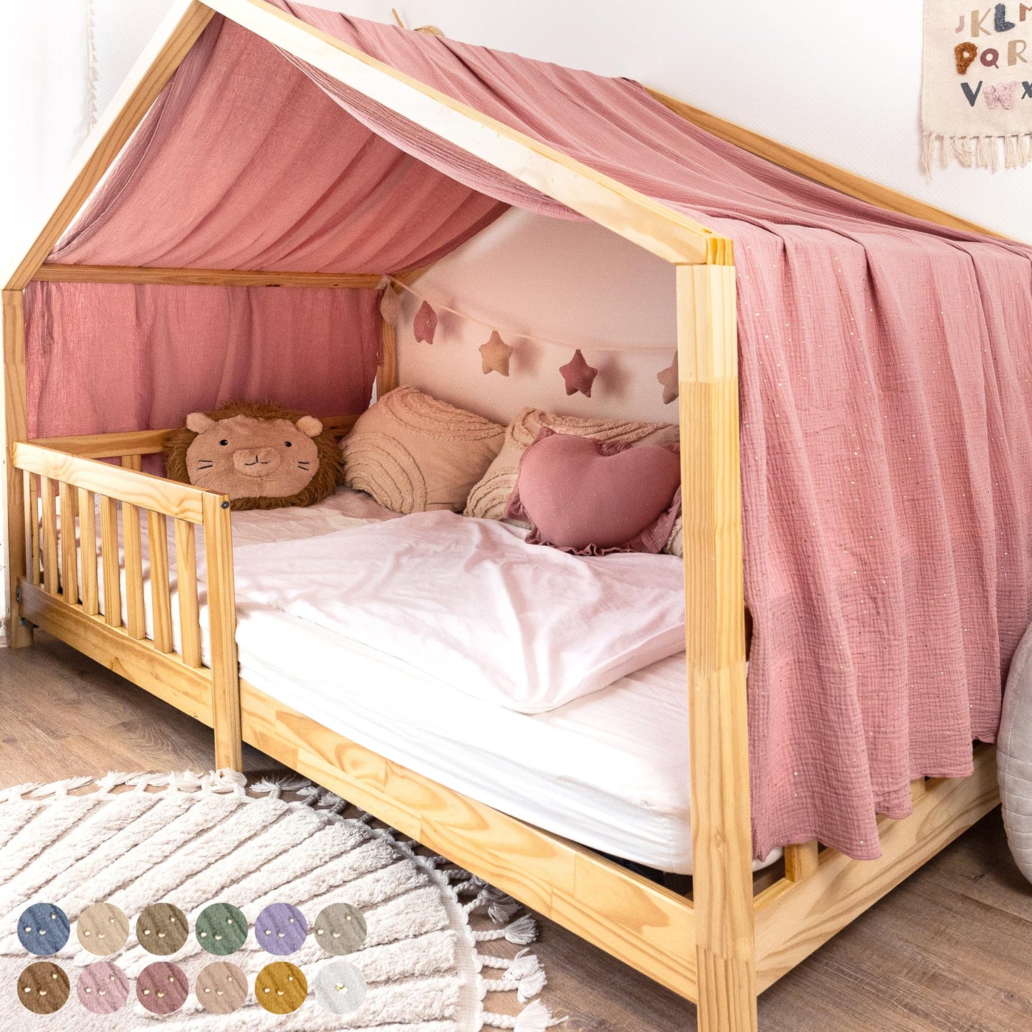 Hausbett-Stoffhimmel mit Gold-Applikation, Altrosa mit Gold 135 x 360cm