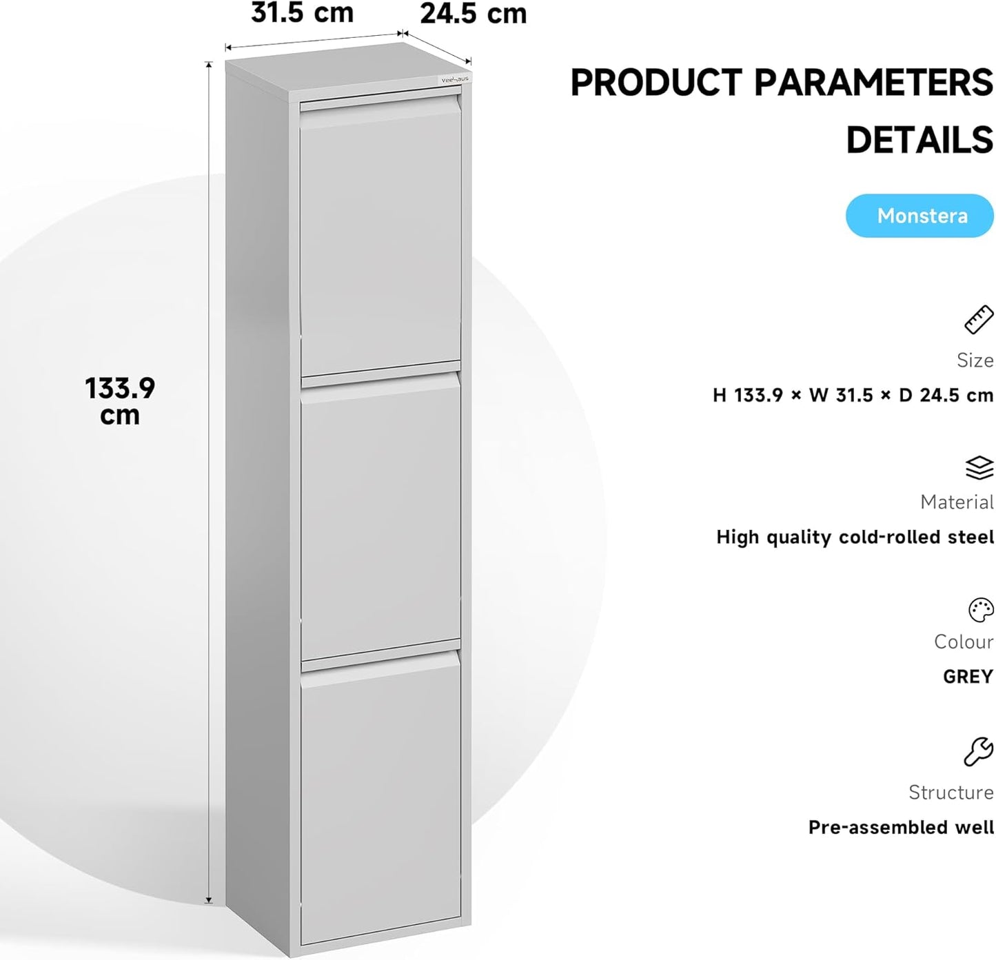 Geruchsloses Mülltrennsystem, 3 X 15 L Grau