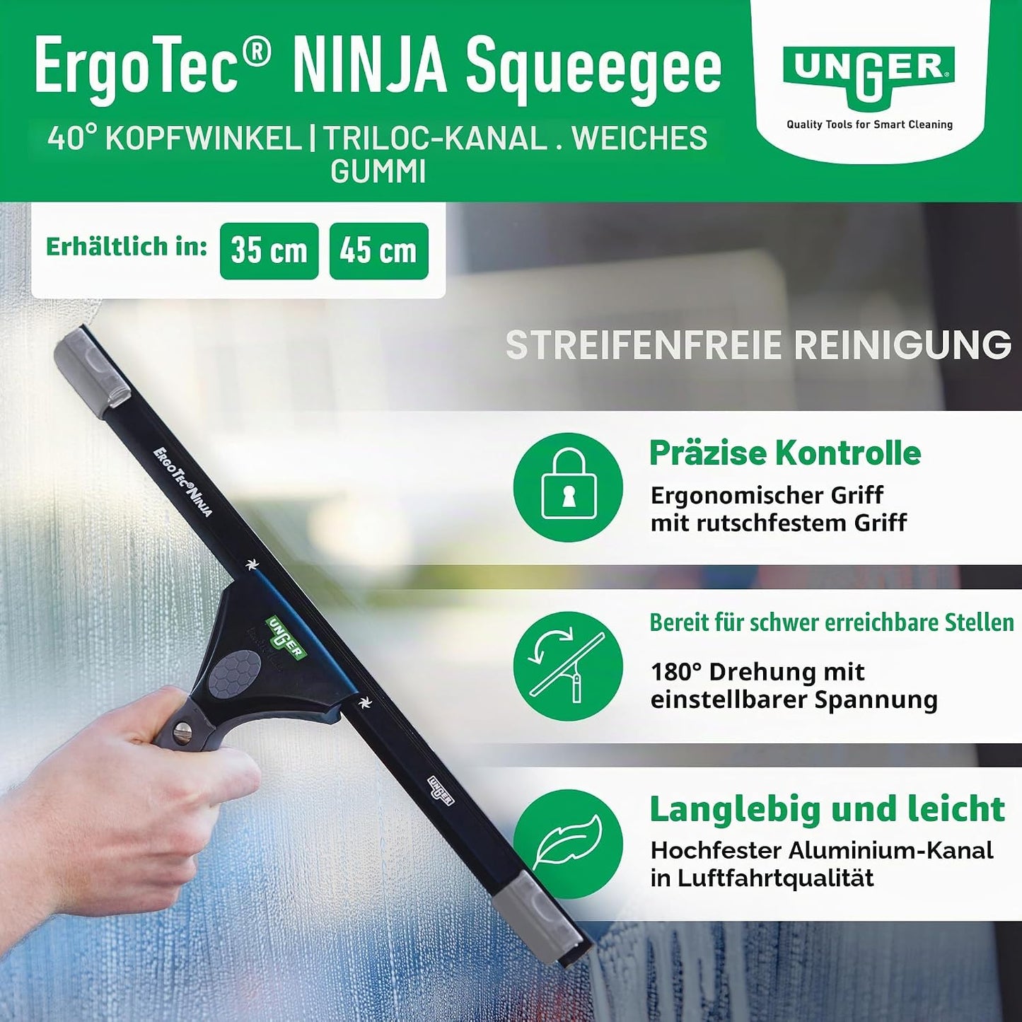 EN350 ErgoTec Ninja Fensterwischer mit Schwenkfunktion, 35 cm 40°