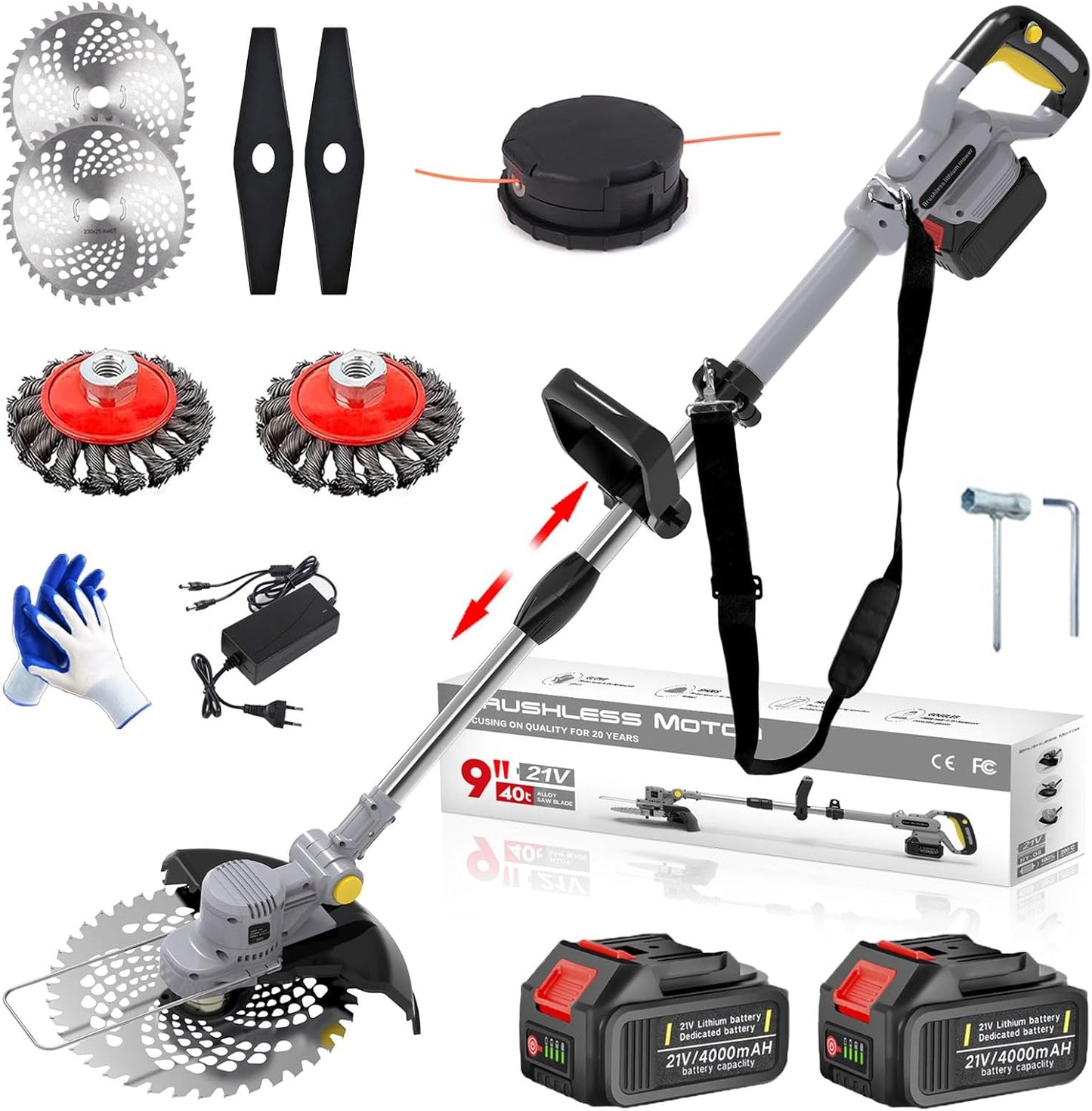 Akku-Rasentrimmer Set mit Unkrautbürste, Grau-a