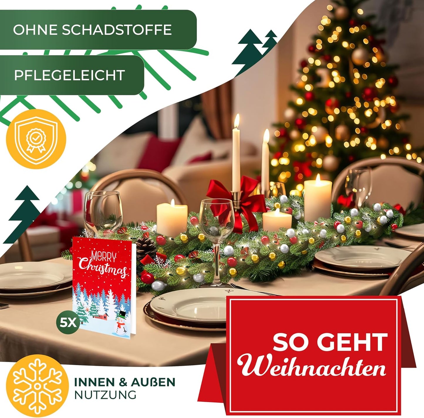 Weihnachtsgirlande mit 100 LED Lichtern & Timer, 5m / 100 LEDs Naturgrün + Deko
