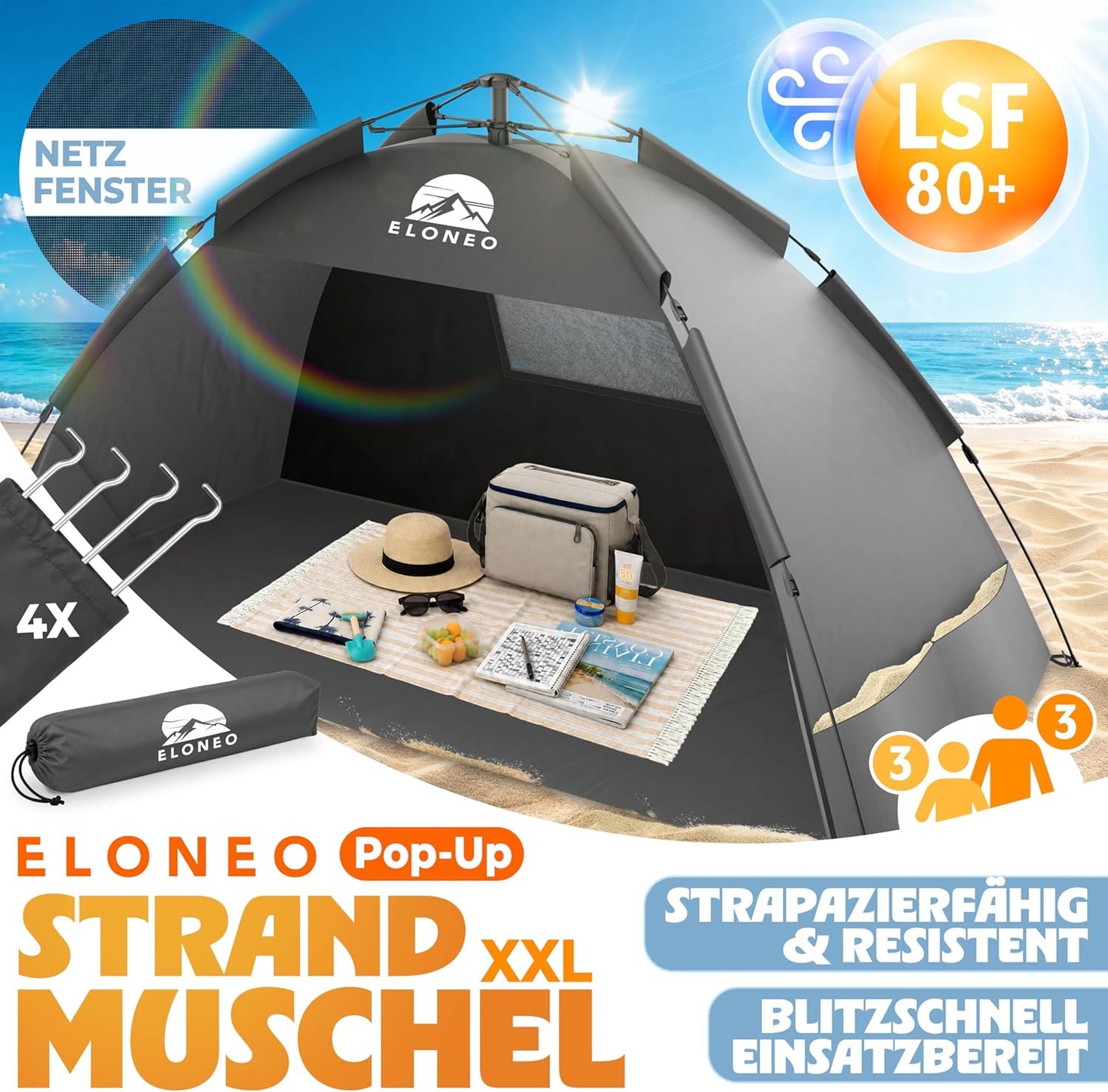Pop Up Strandmuschel UV Schutz XXL 220x150x130 cm, Grau 220 x 150 x 130 cm