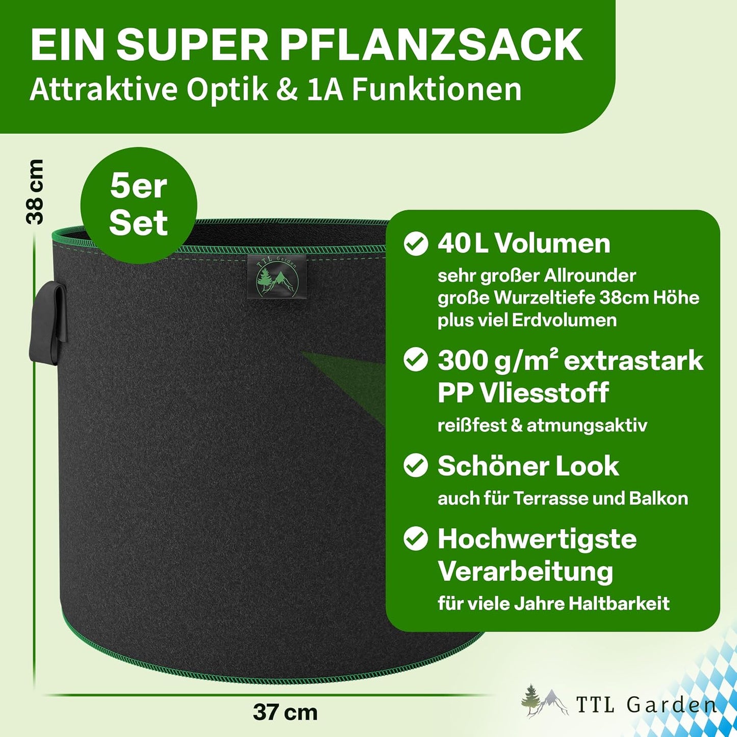 5er-Set Pflanzsäcke, 40 Liter, 40 Liter Allrounder 5