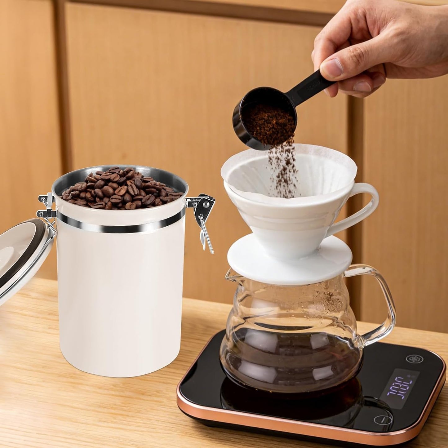 Vakuum Edelstahl-Kaffeedose mit Löffel (1,8 L), Weiss