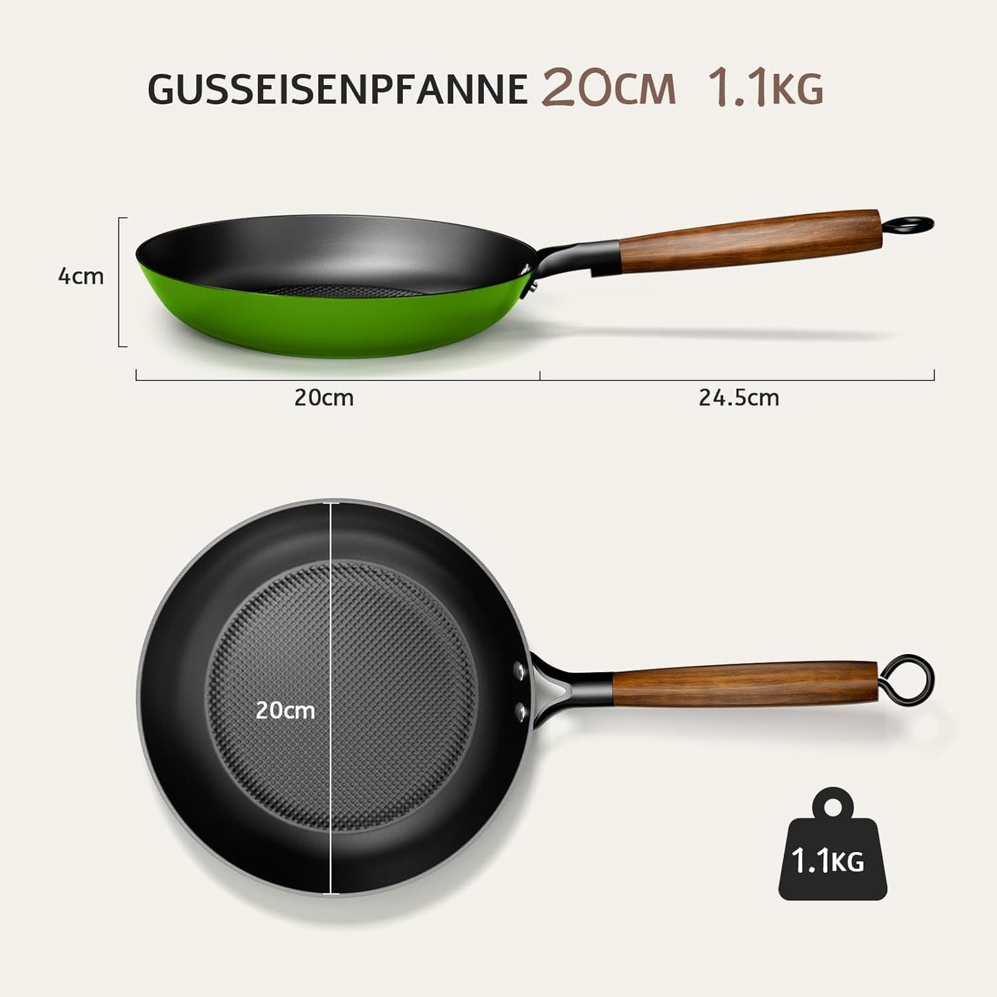 Gusseisenpfanne 20 cm vorgewürzt, Antihaft, Induktion geeignet, Grün 20 cm