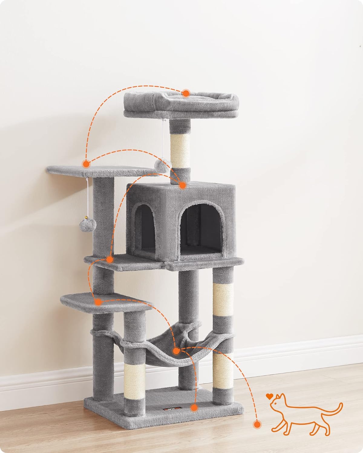 Mehrstöckiges Katzenhaus mit Kratzsäulen und Hängematte, PCT261W01, M (45 x 35 x 112 cm) Hellgrau
