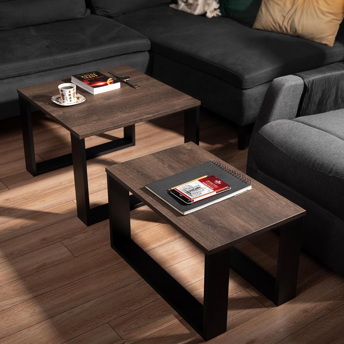 2er-Set Couchtisch, Braune Eiche