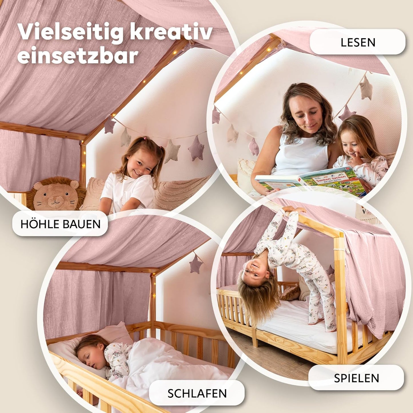 Stoffhimmel für Kinder-Hausbetten, Puderrosa mit Gold 135 x 360cm