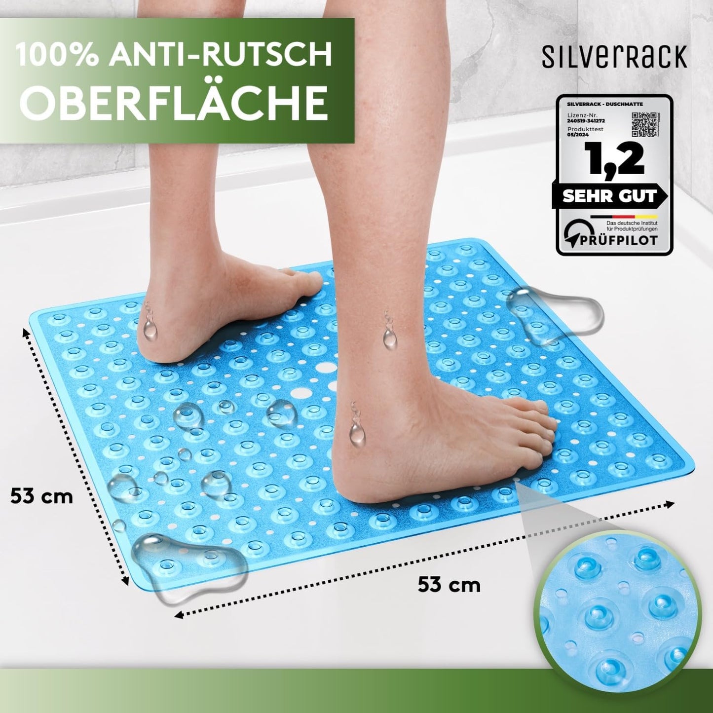 Rutschfeste Duschmatte, 53 x 53 cm (Quadratisch) Blau