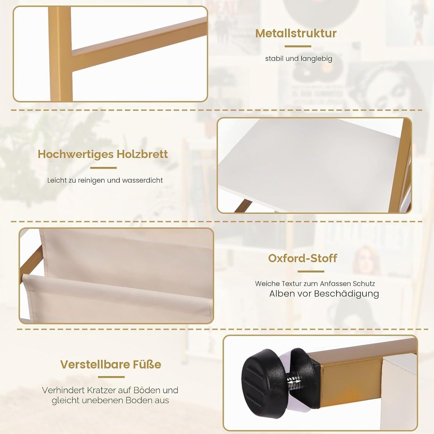 Plattenspieler mit Vinyl-Aufbewahrungssystem, Weiss / Goldfarben