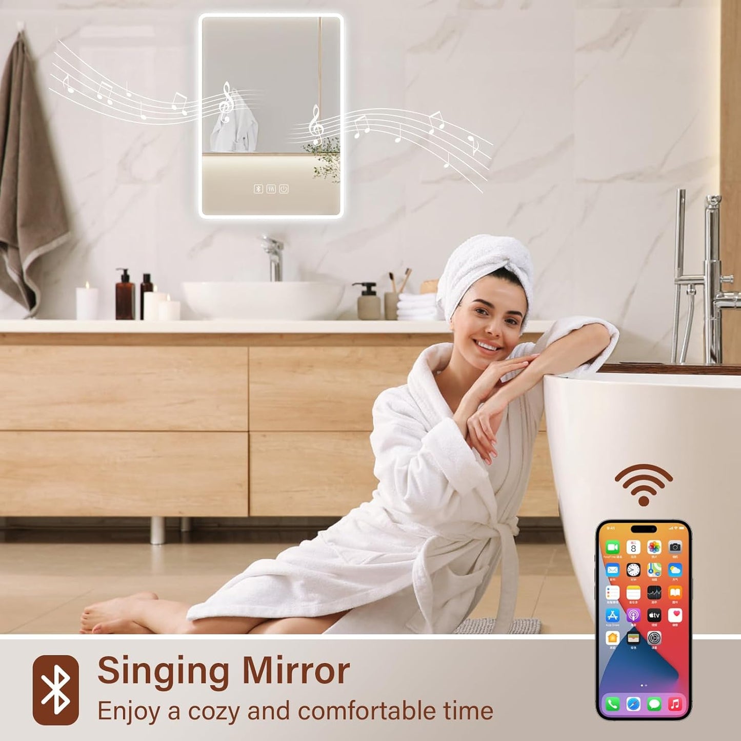 LED-Badspiegel mit Bluetooth und Antibeschlag-Funktion, 70L x 50B cm, Mattierter Abgerundeter Winkel - mit Bluetooth