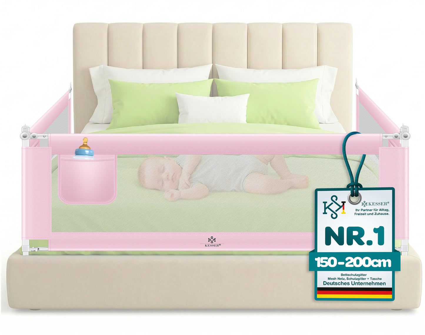 Höhenverstellbares Bettschutzgitter, Rosa 150cm