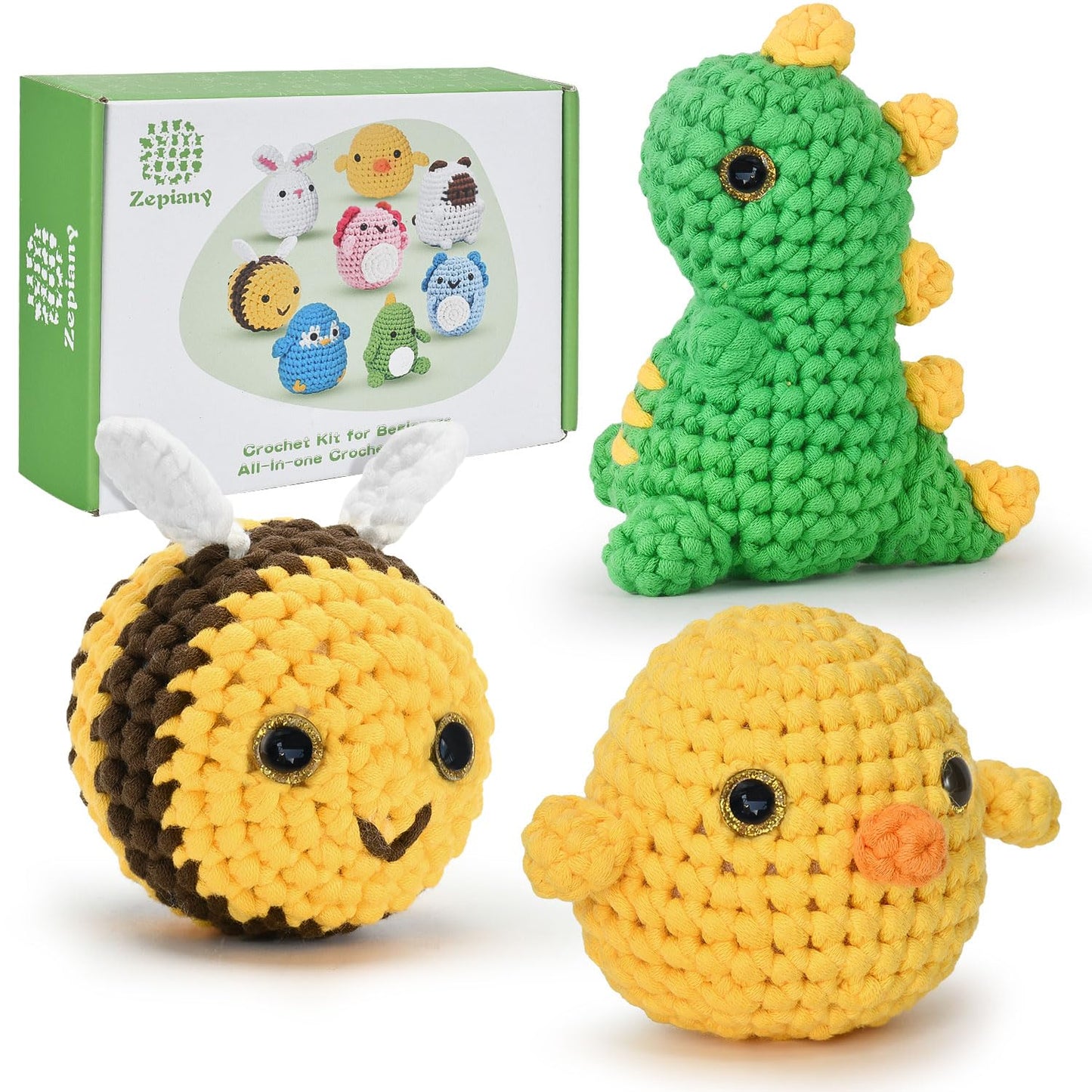 Amigurumi Häkelset mit Dinosaurier, Küken & Biene, anfängerfreundlich, Dinosaurier – Biene – Küken