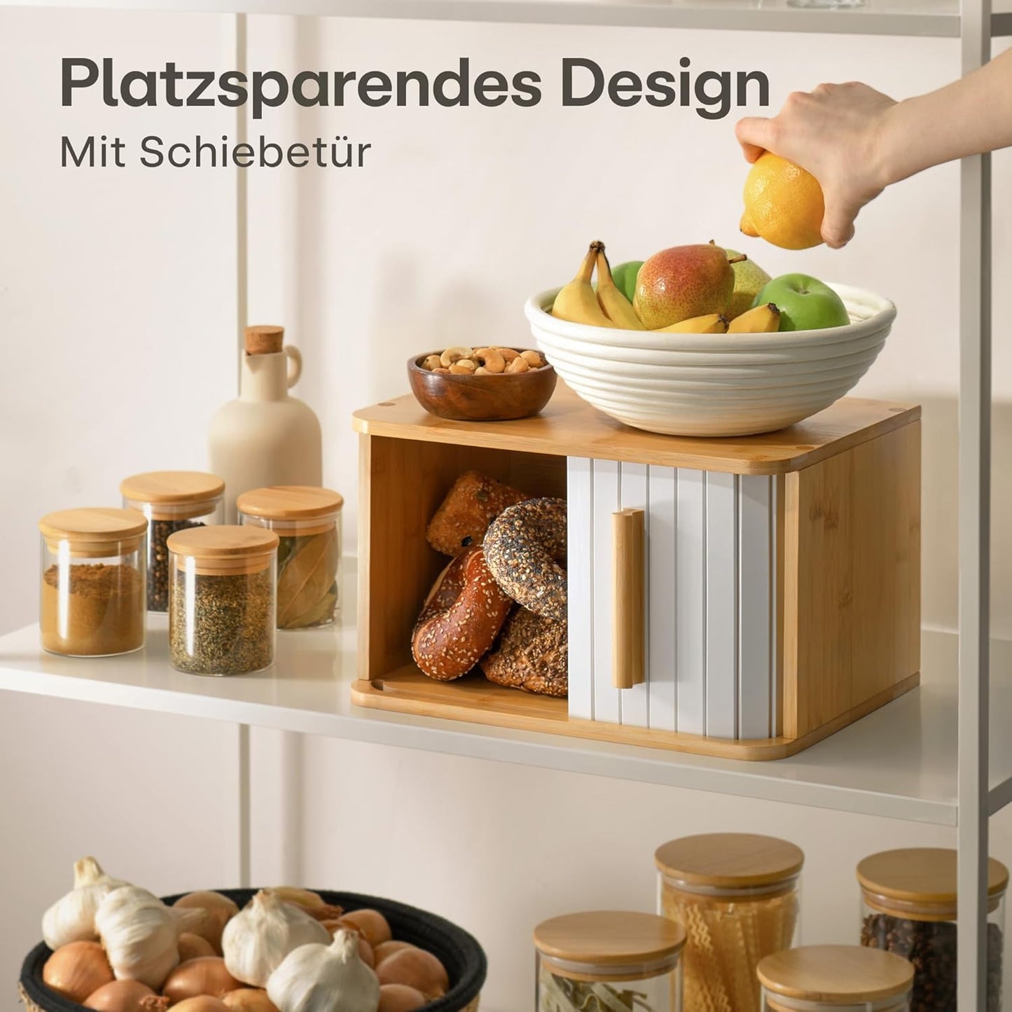 Kompakte Brotbox aus FSC Holz mit Schiebetür, Weiss