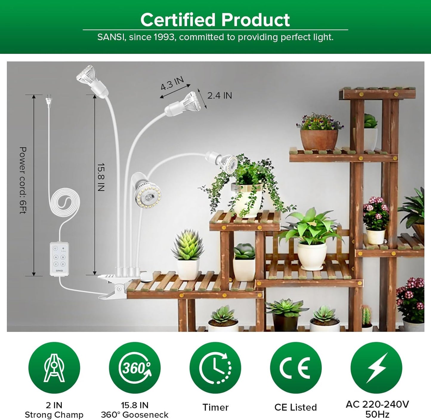 LED-Pflanzenlampe mit Timer und Clip-On, Weiss 4-Kopf Clip-on mit Timer