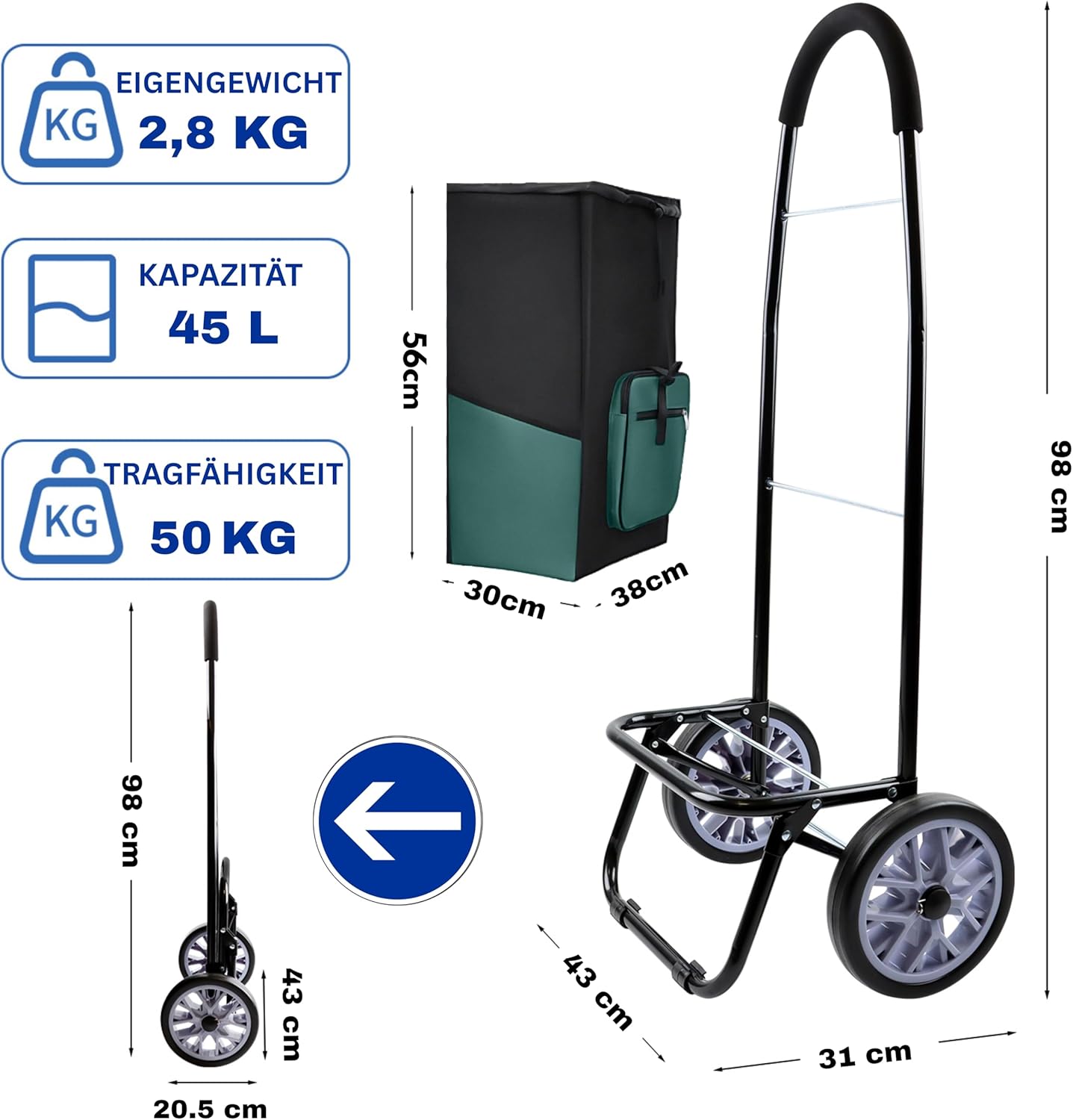 Klappbarer Einkaufstrolley mit Treppensteiger-Funktion, Grün