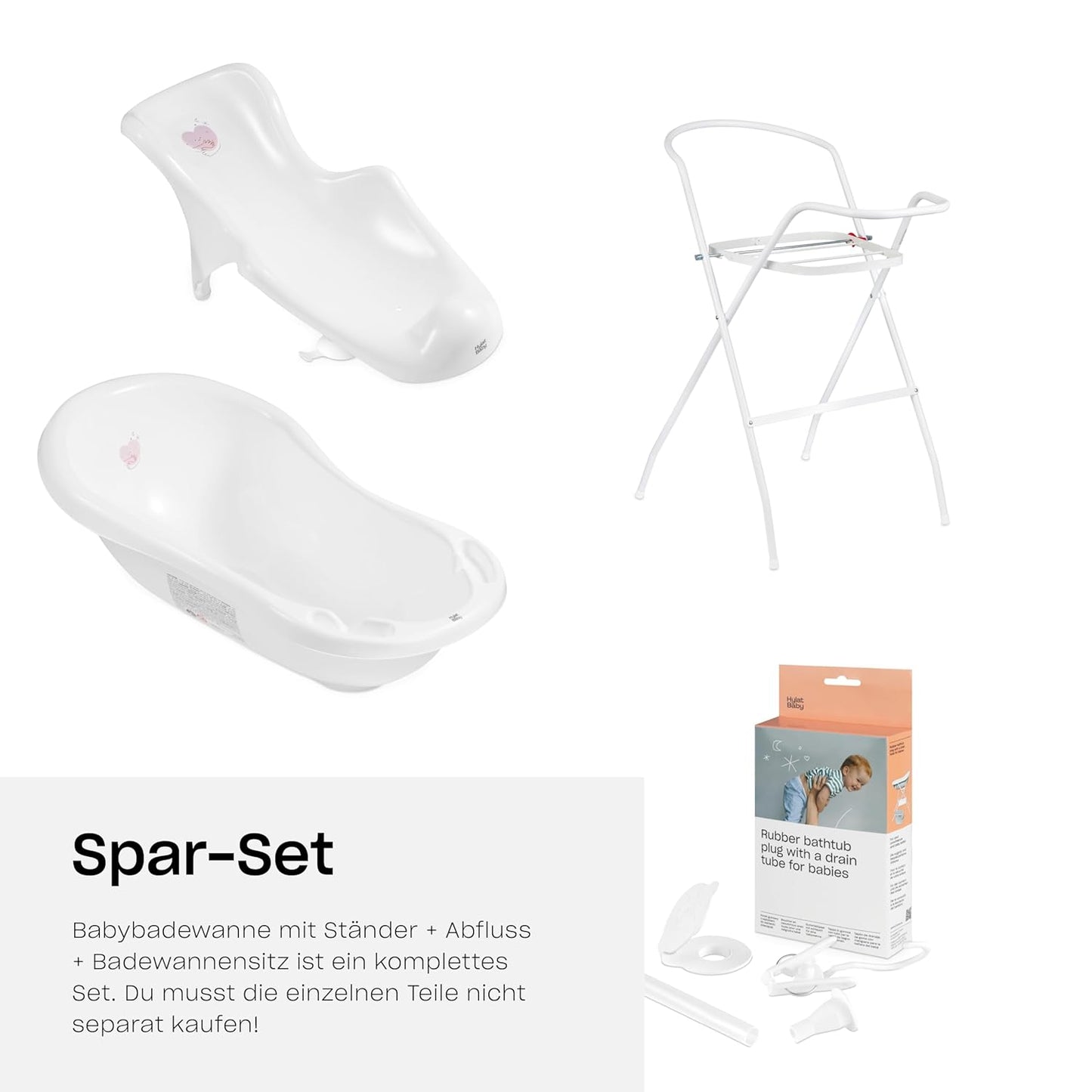 Babywanne mit Ständer und Badesitz, 4-teiliges SET Lite Hug Me - Weiss