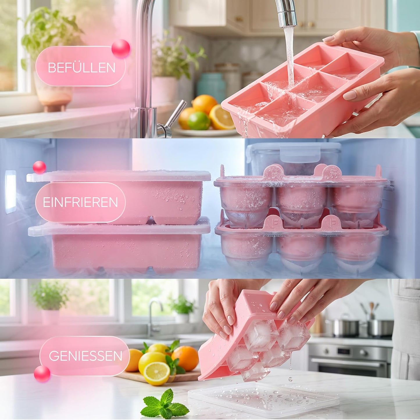 Eiswürfel- & Eiskugelform-Set, Rosa 02x Kugel+Würfel