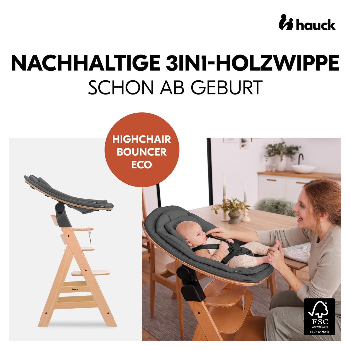 Highchair Bouncer Eco, Ergonomische Babywippe, Eco Deep Grey 5-Punkt-Gurt