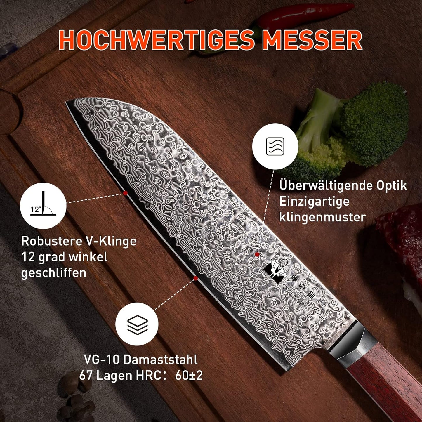 Damastmesser, 18cm Santoku Messer