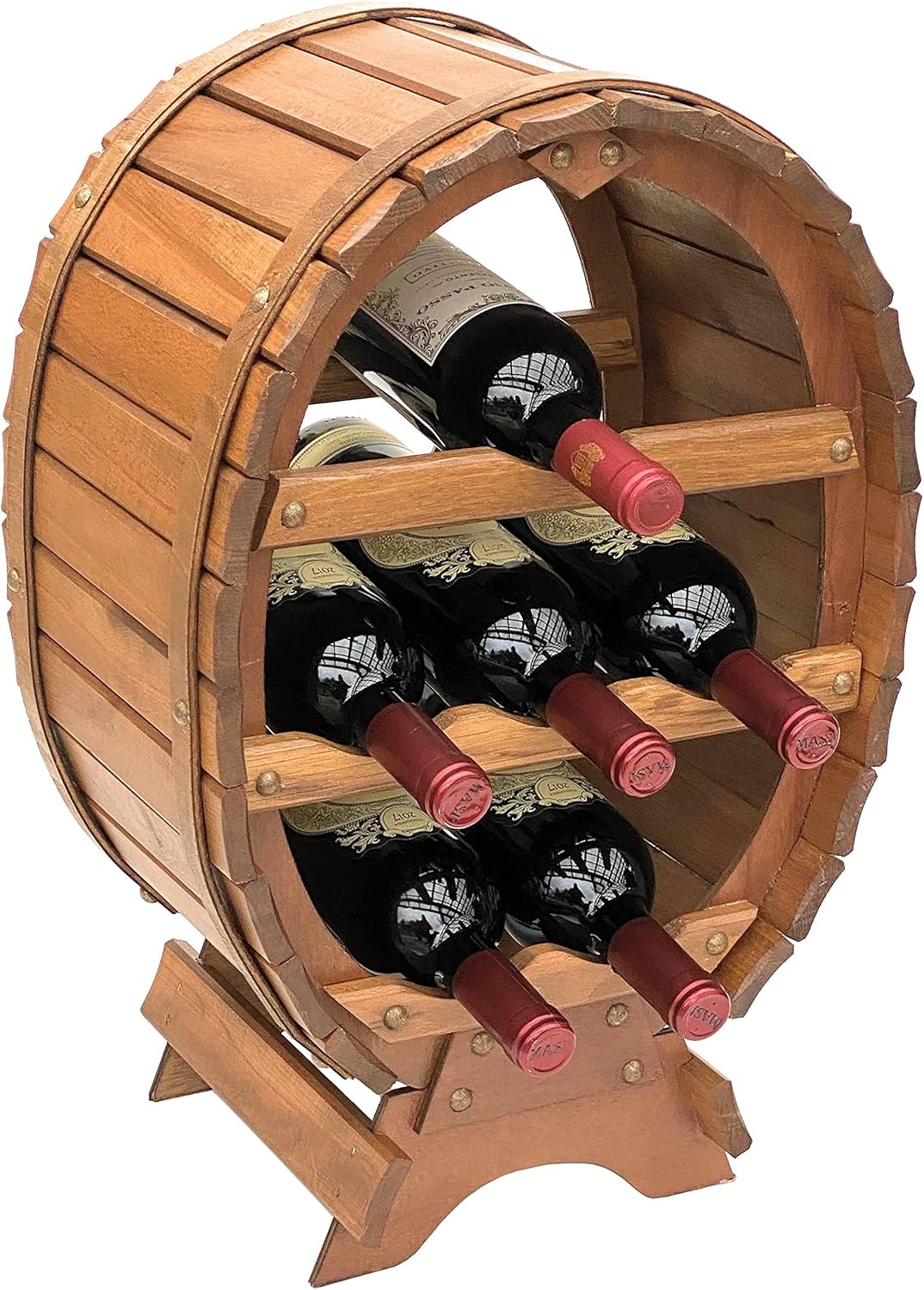 Holz-Weinregal in Fassform für 6 Flaschen, 6 Flaschen Braun stehend
