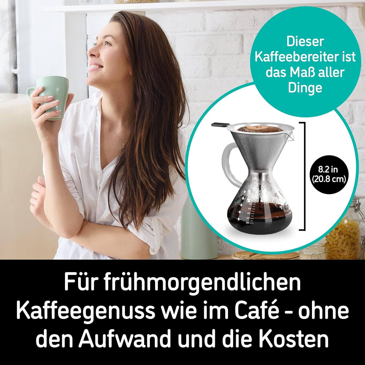 Pour Over Kaffeebrüher mit Edelstahlfilter, Transparent 800ml