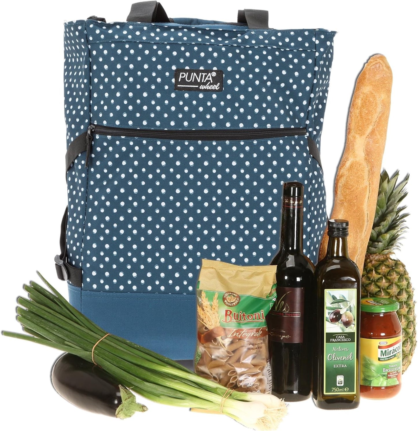 Wheel Einkaufstrolley faltbar mit Thermo-Kühltasche (35L), Blue Dots 10008 5020 + Bagboom Tasche
