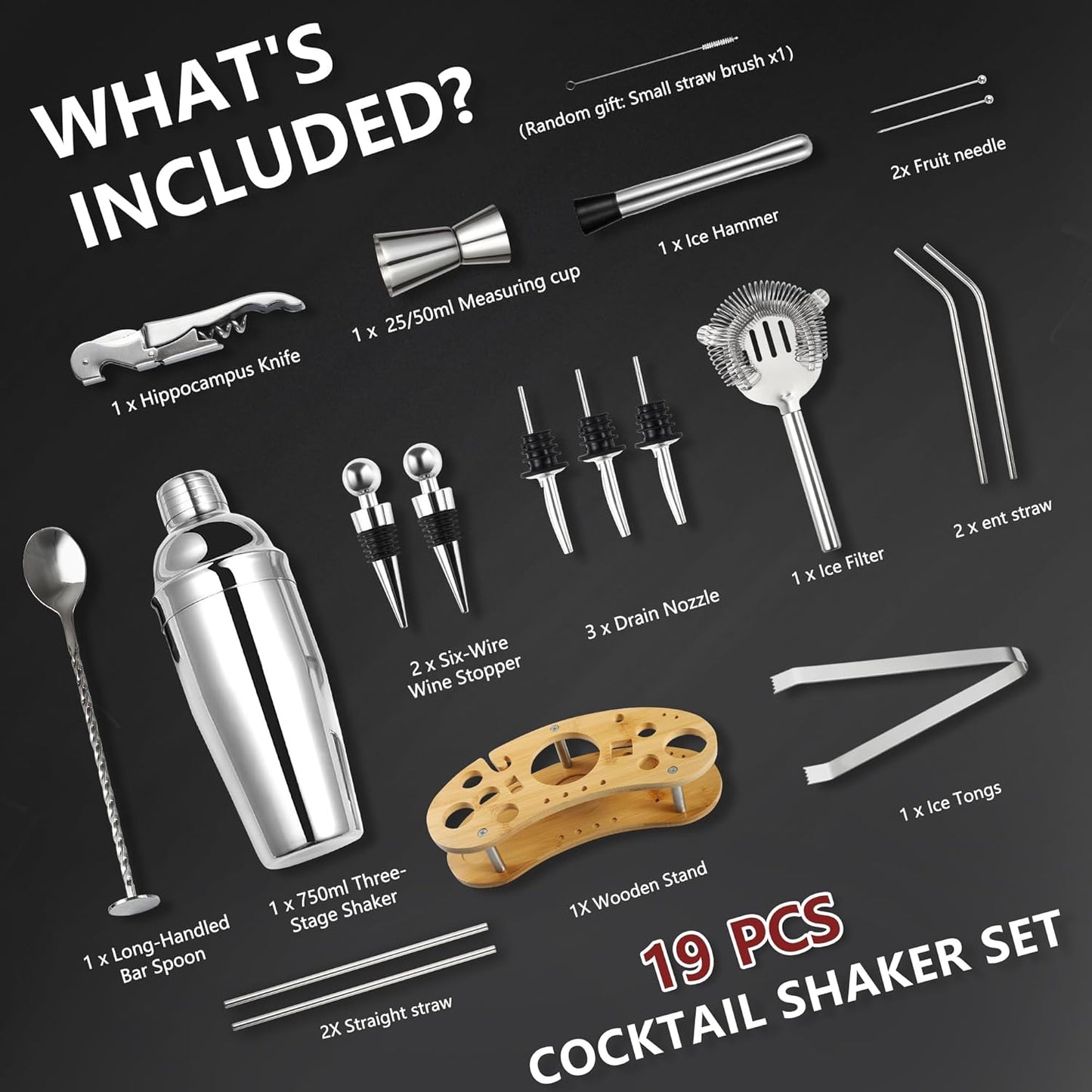 Cocktail Shaker Set, Silber-19 Stück